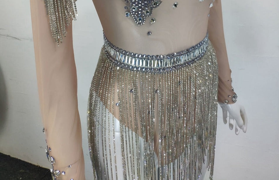 Rhinestones Mesh Crystal Chain Tassel Bodysuit