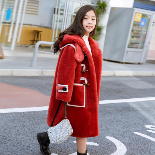 Genuine Shearing Hooded Kids Wool Overcoats