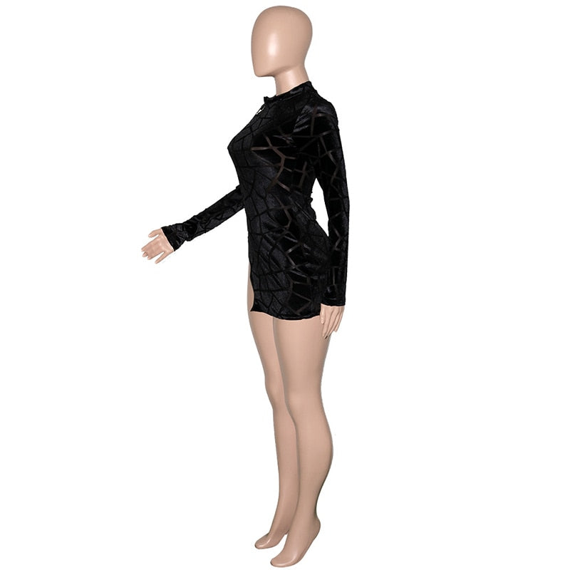 Velvet Mesh Long Sleeve Side Slit Zipped Dresses