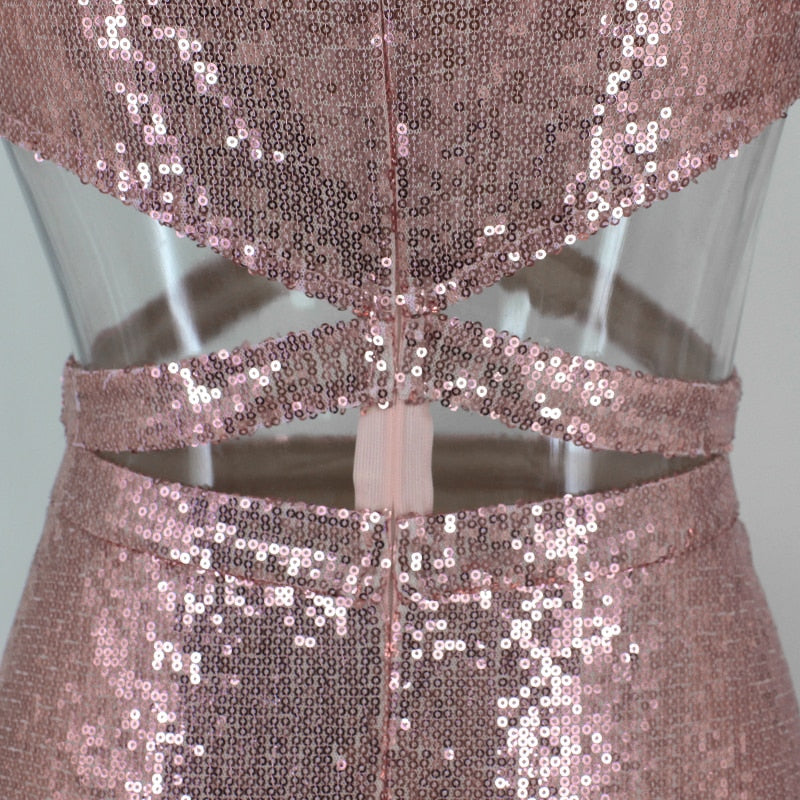 Sequin V Neck Tank Hollow Belly High Split Maxi Dresses