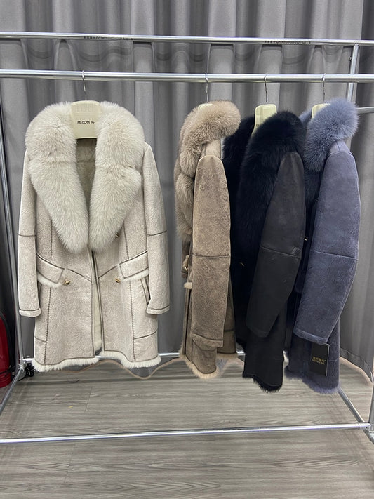 Genuine Leather Long Coats Big Fur Collar & Liner
