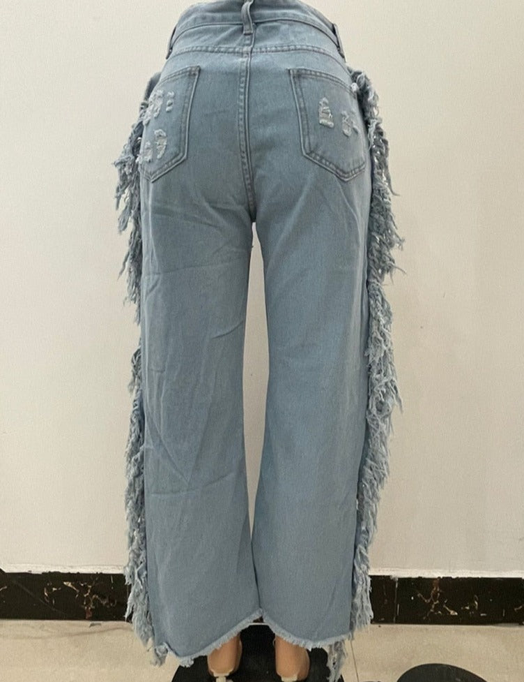 Ripped Hole High Waist Tassel Wide Leg Denim Pants