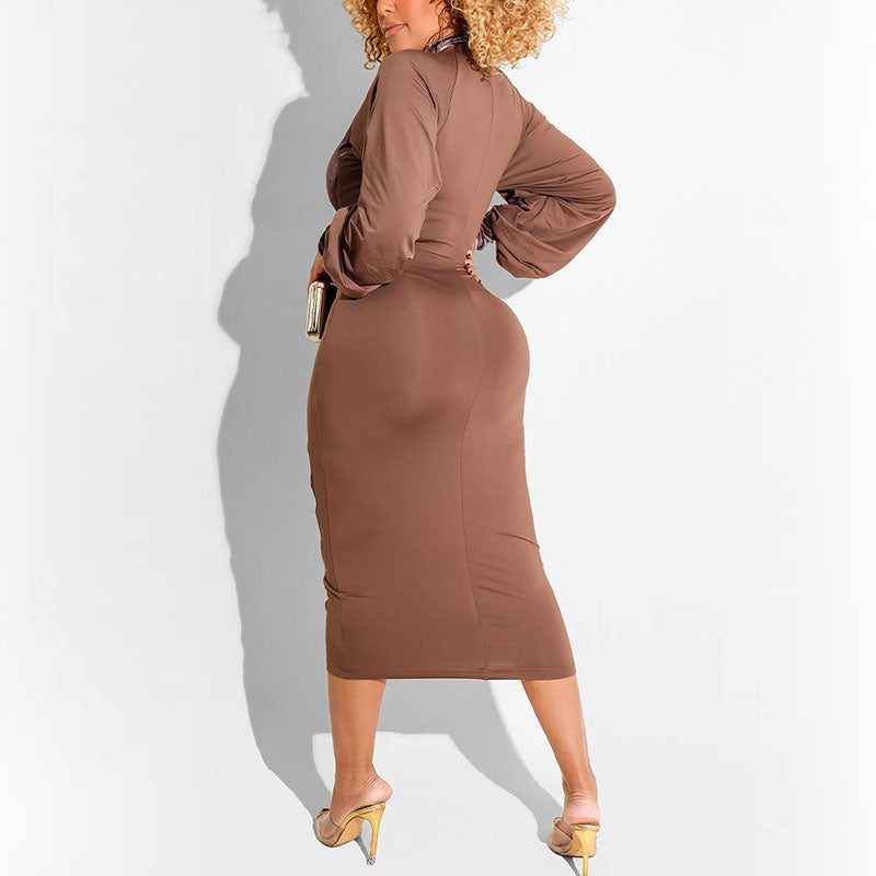 Puff Sleeve Zip Up Bodycon Midi Dresses
