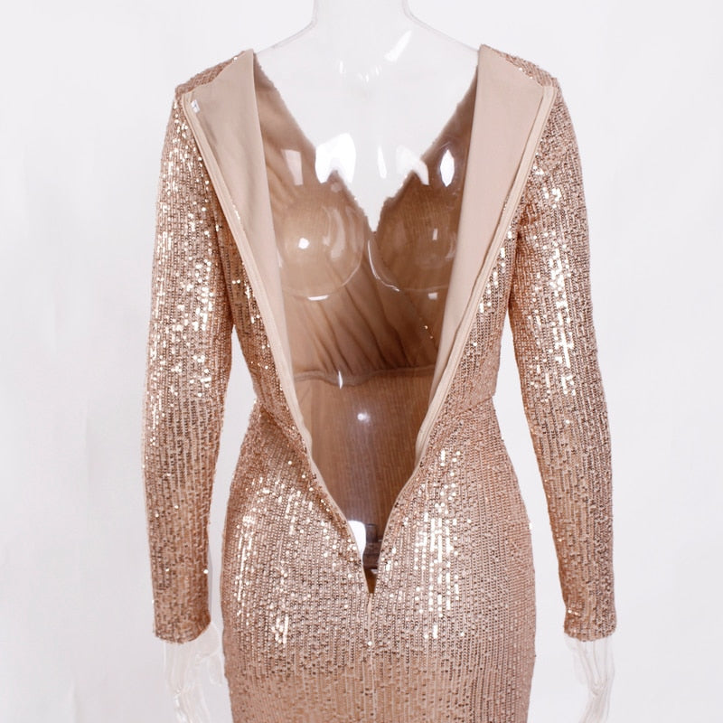 Sequin Stretchy Long Sleeve Maxi Dresses