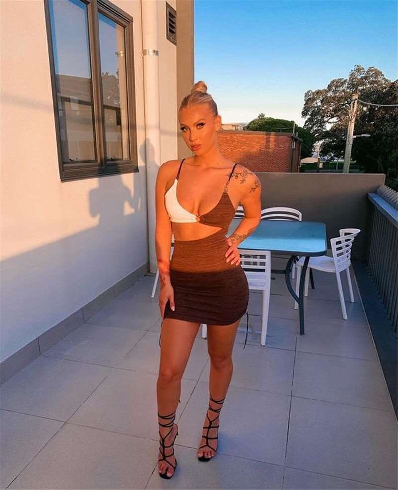 Two Tone Hollow Belly Bodycon Mini Dresses