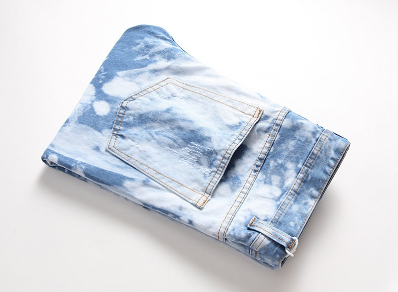 Light Blue Splash Dyed Ripped Straight Jeans
