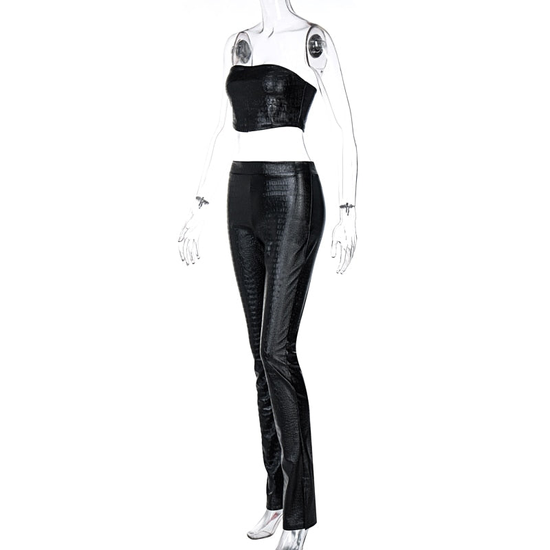 Pu Leather Strapless Crop Tube Pants Set