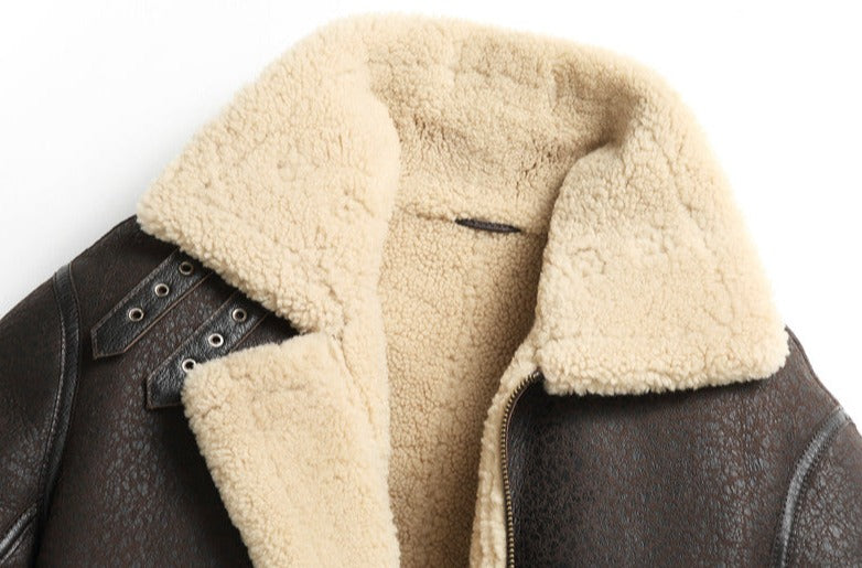 Genuine Leather Coat Shearling Lining Tall Collar