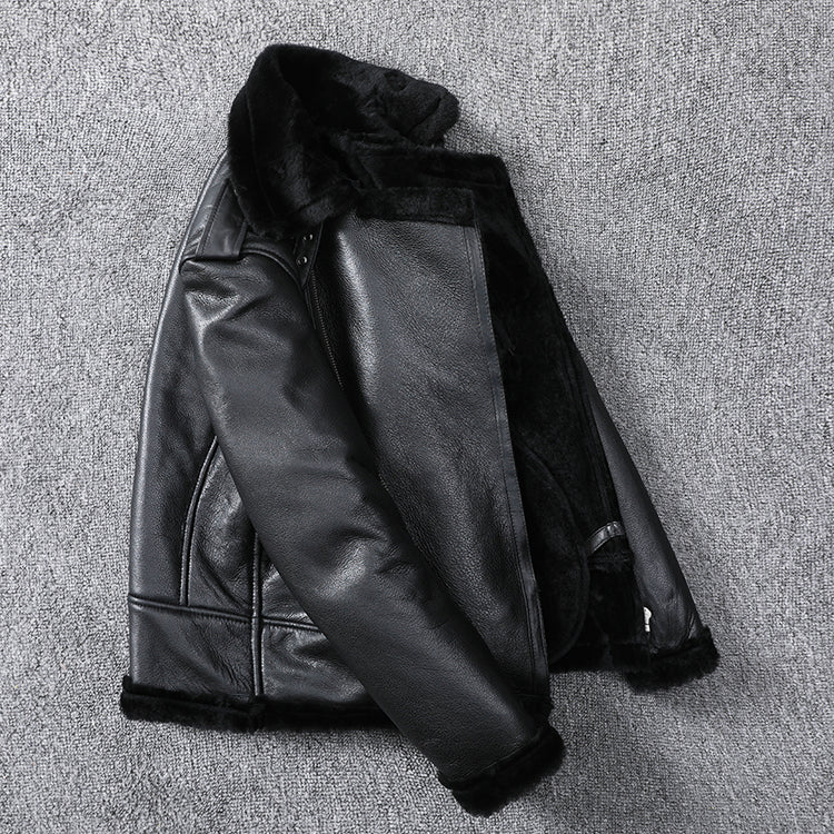 Genuine Leather Moto Jacket Real Wool Lining