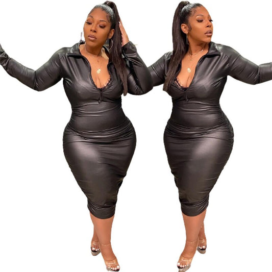 Pu Leather Long Sleeve Midi Dress Plus Size