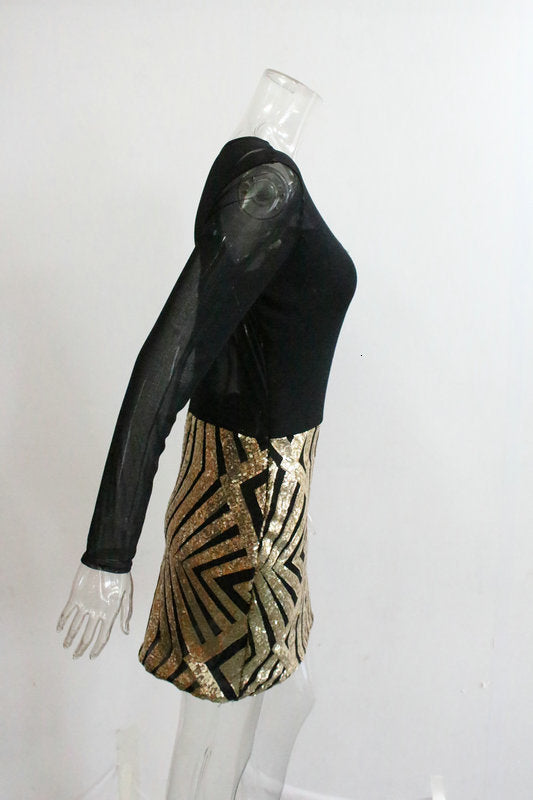 Round Neck V Mesh Full Sleeve Sequined Mini Dress