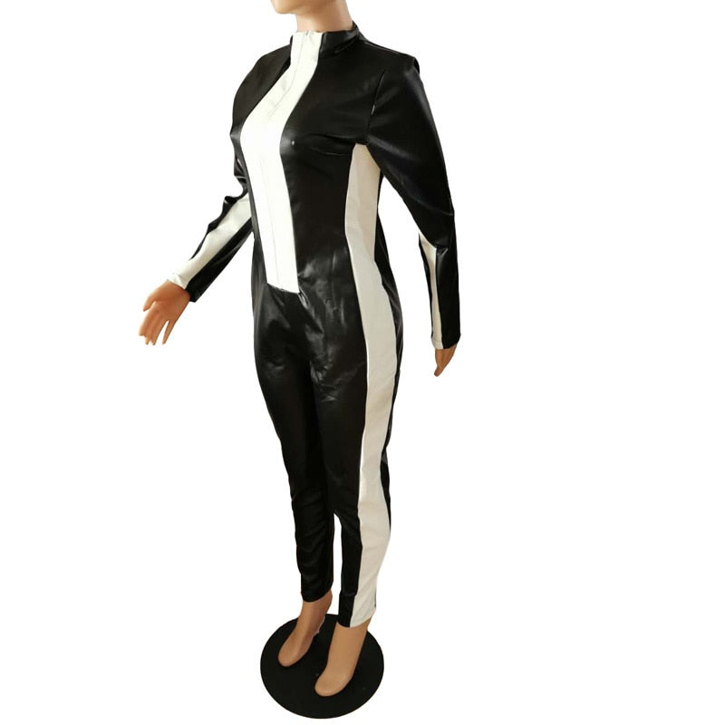 Black & White Front Zipper PU Leather Jumpsuit
