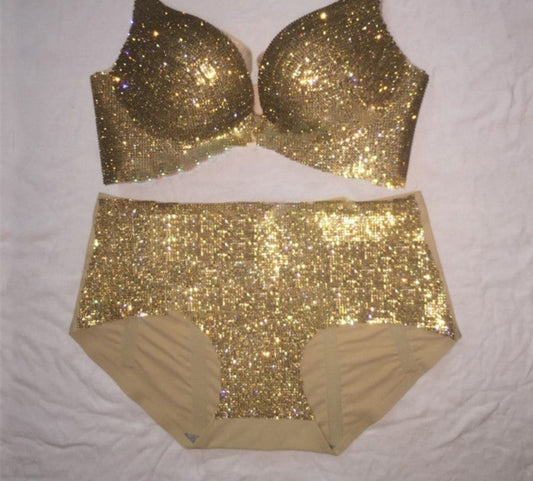 Crystal Beading Deep V Crop Top and High Waist Set