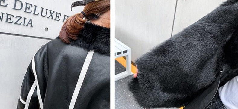 Black Genuine Leather Shearling turn-down collar Coat