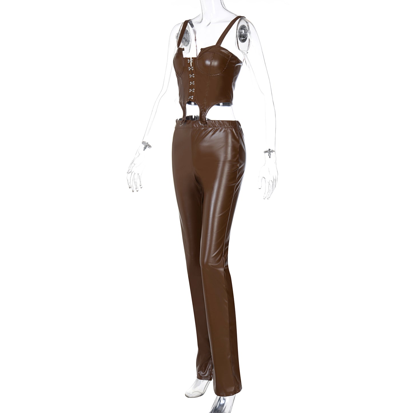 Pu Leather Corset Crop Top & Flare Slit Pants