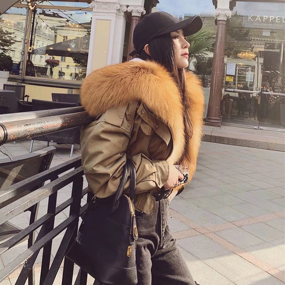 Real Fox Fur Collar Crop Bomber Jackets