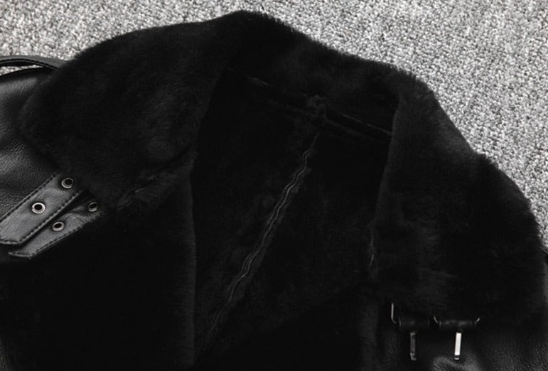 Genuine Leather Moto Jacket Real Wool Lining