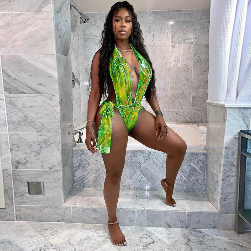 Floral Deep V Bandage Open One Piece