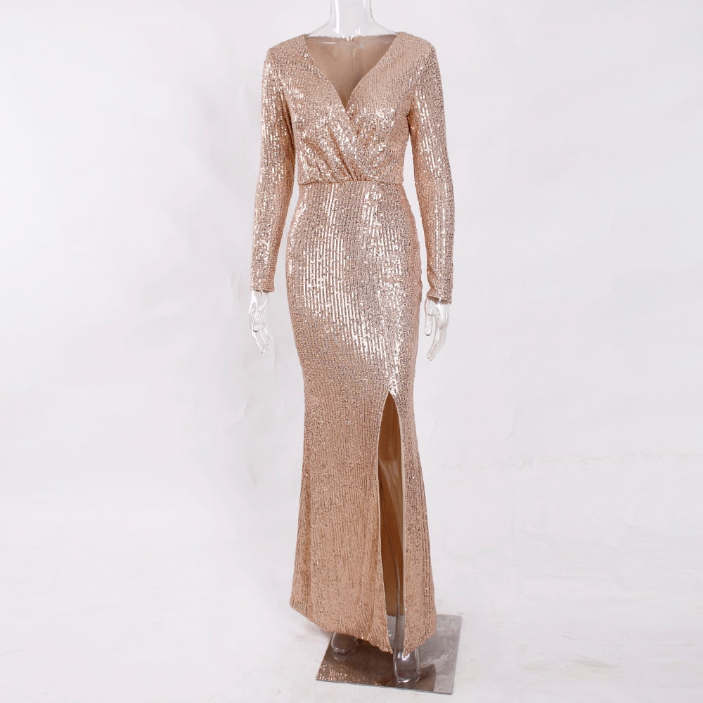 Sequin Stretchy Long Sleeve Maxi Dresses