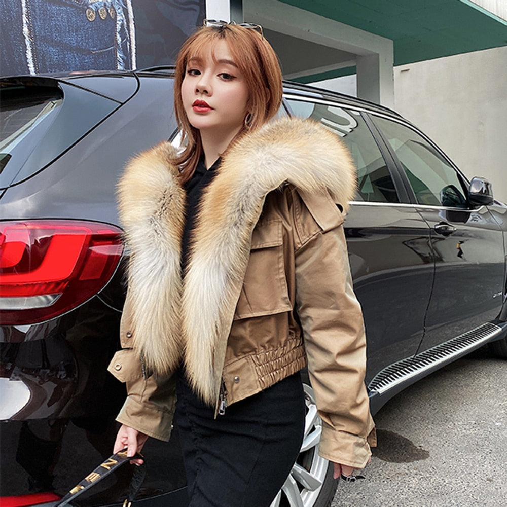 Real Fox Fur Collar Crop Bomber Jackets