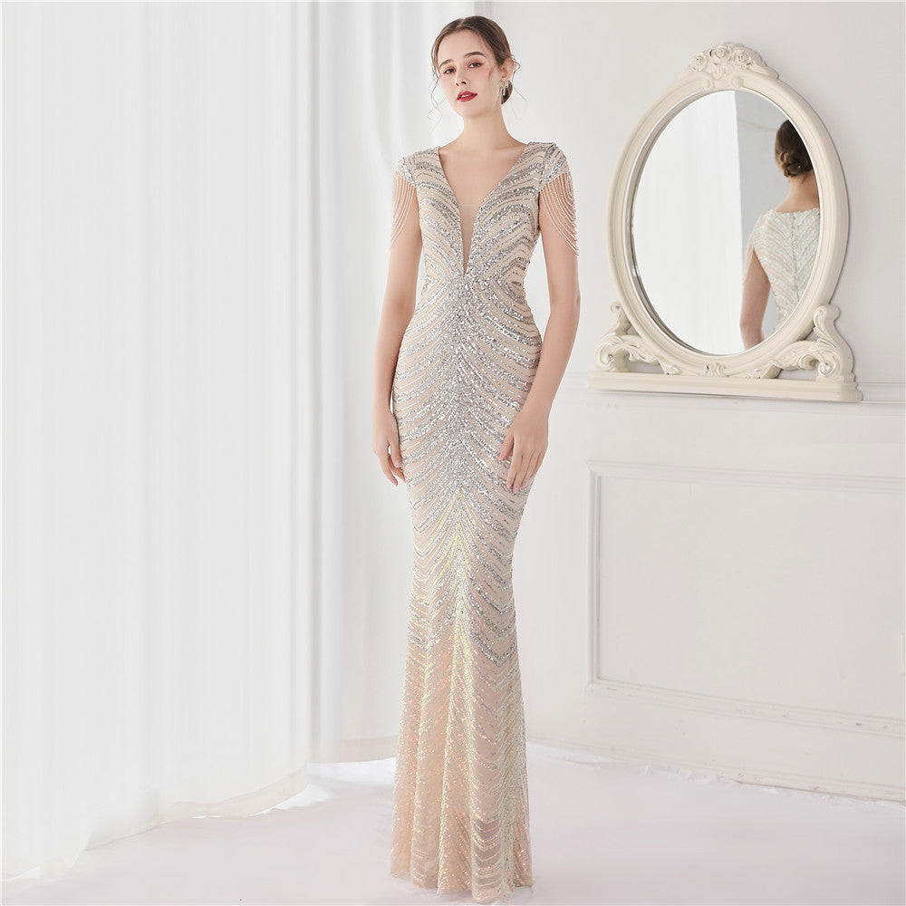 V Neck Sequin Beading Sleeve Maxi Dresses