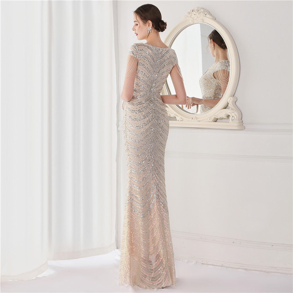 V Neck Sequin Beading Sleeve Maxi Dresses