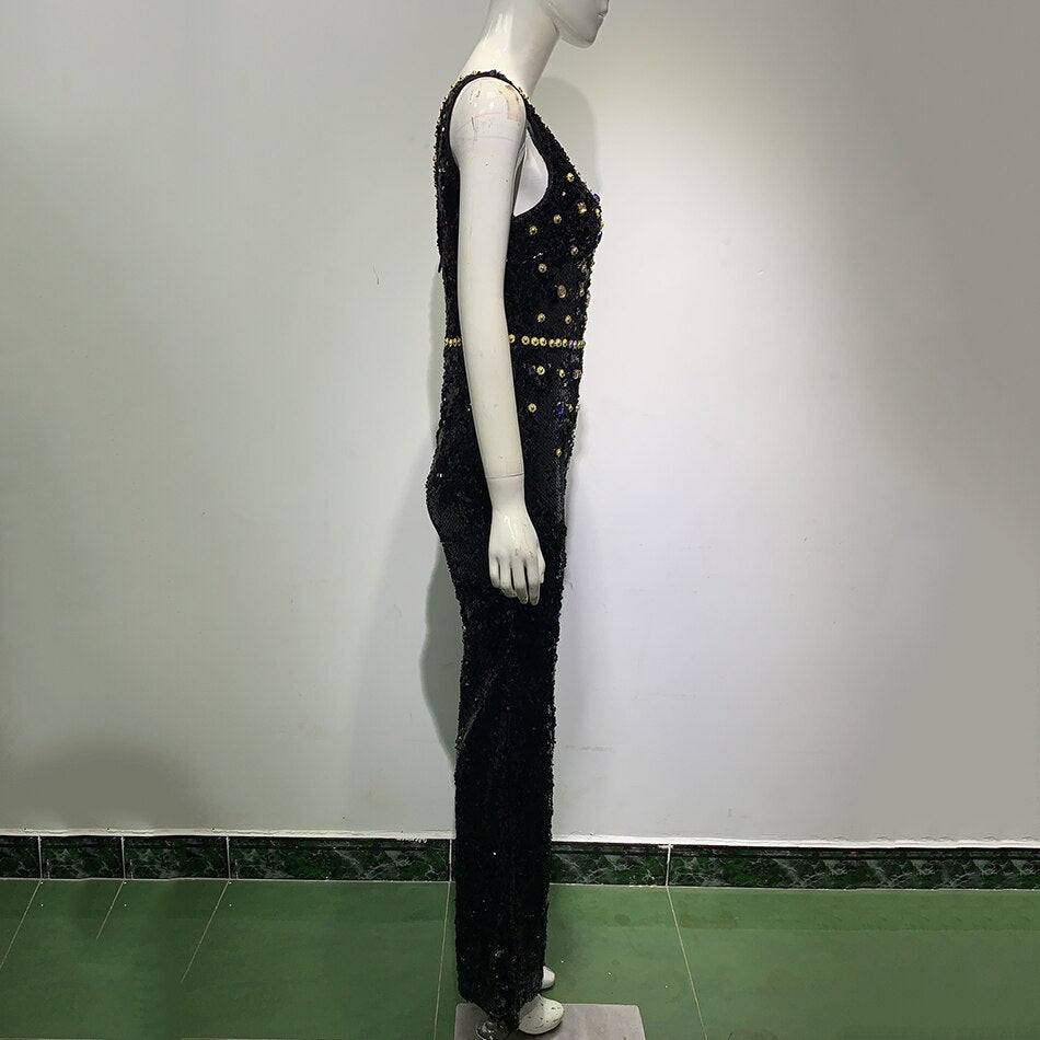 Deep V-Neck Rhinestone Sequin Wide-Leg Jumpsuit
