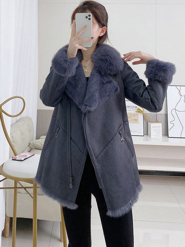 Genuine Leather Jacket Rabbit Fur Liner Fox Fur Collar