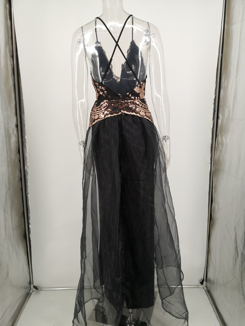 Sequin Backless Mesh Maxi Dress