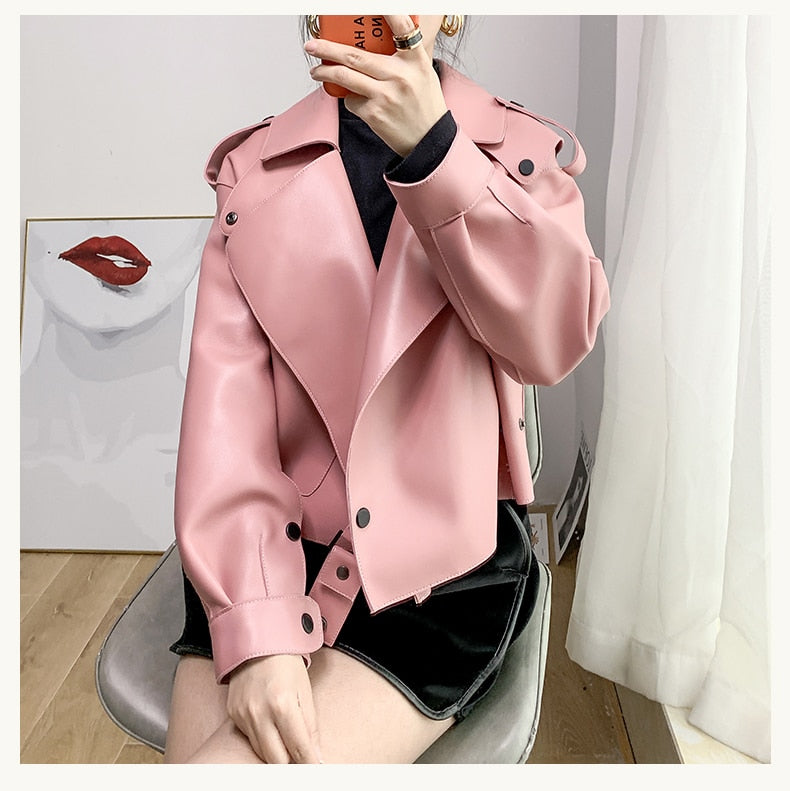 Genuine Leather Turn Down Collar Moto Jackets