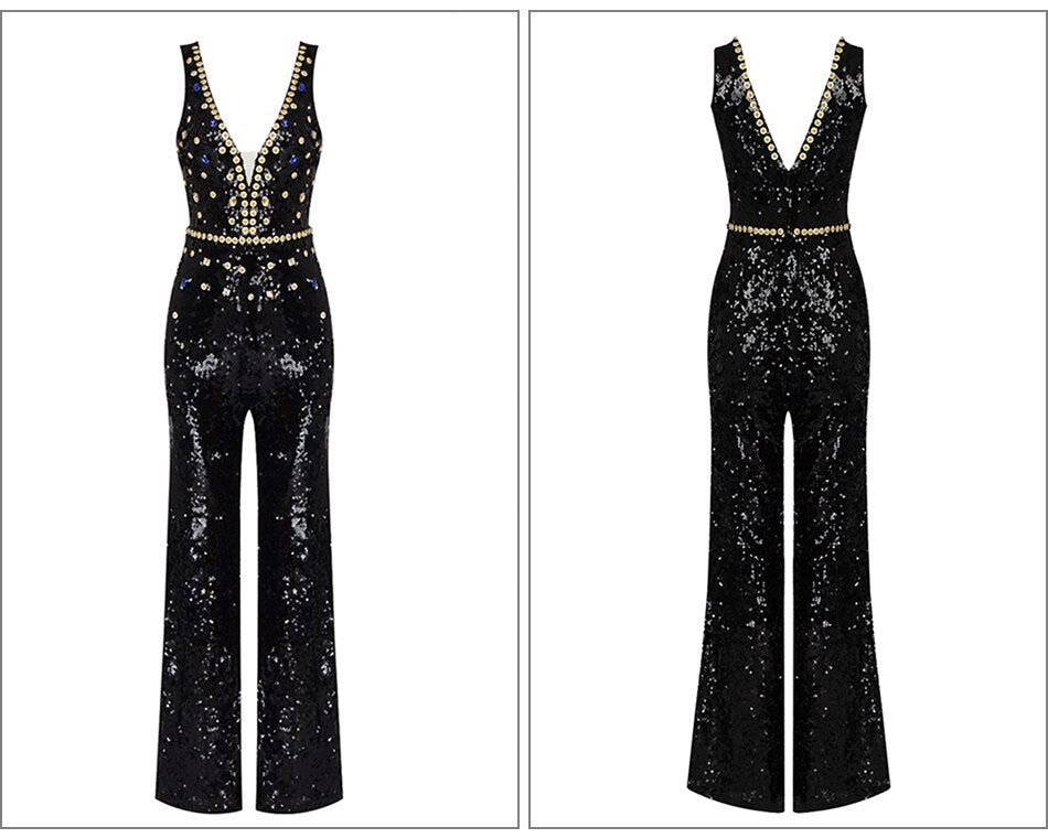 Deep V-Neck Rhinestone Sequin Wide-Leg Jumpsuit