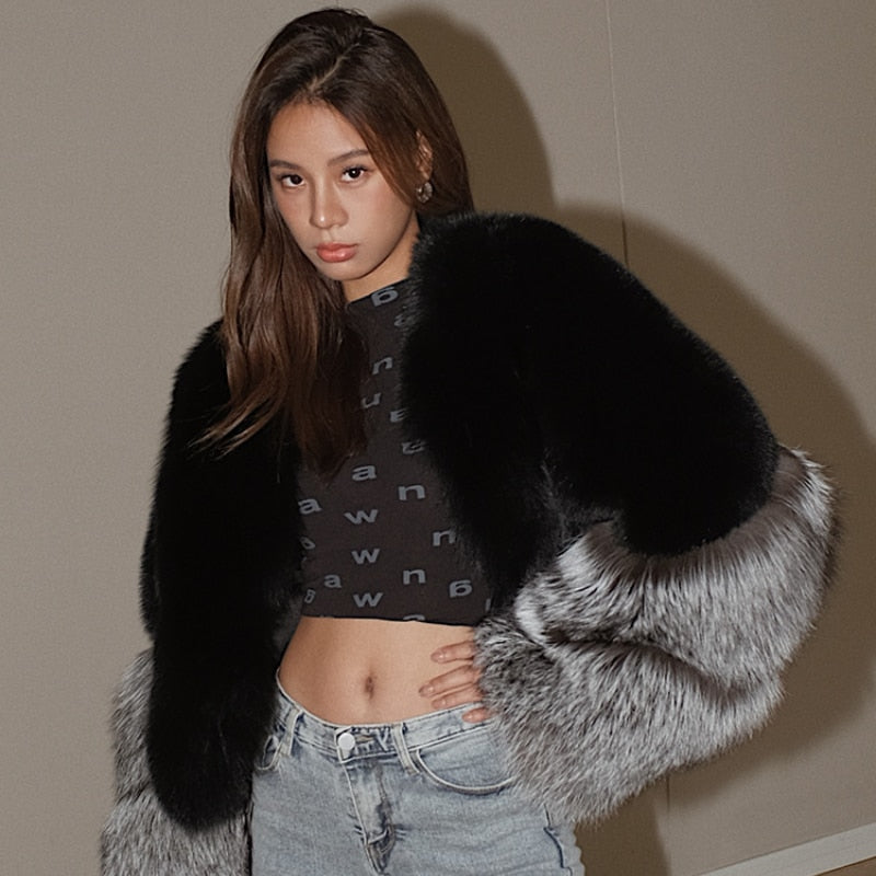 Genuine Silver Fox Fur Short Fluffy Coats