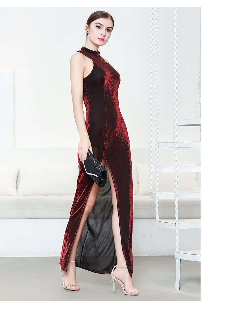 Metal Weave Fabric Ruched Ruffles Maxi Dress (Wrinkle Free)