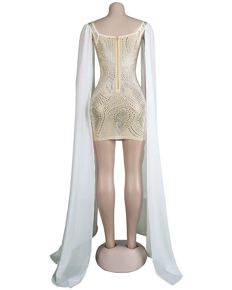 Floor Length Flare Cape Sleeve Mesh Crystal Dresses