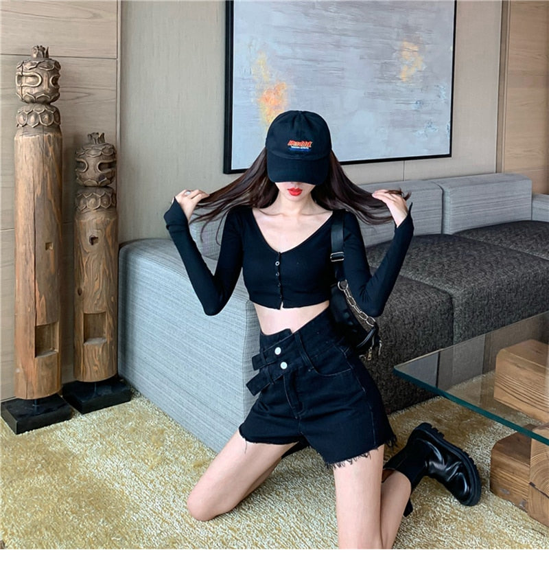 Double Buckle High Waist Denim Shorts