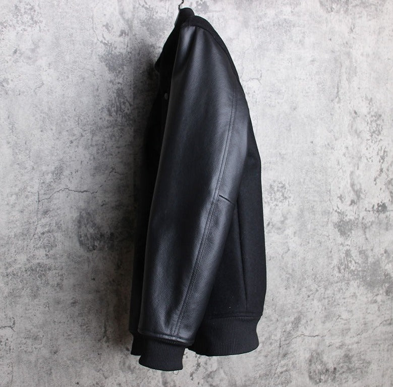 Genuine Leather Woolen Jacket Stand Collar