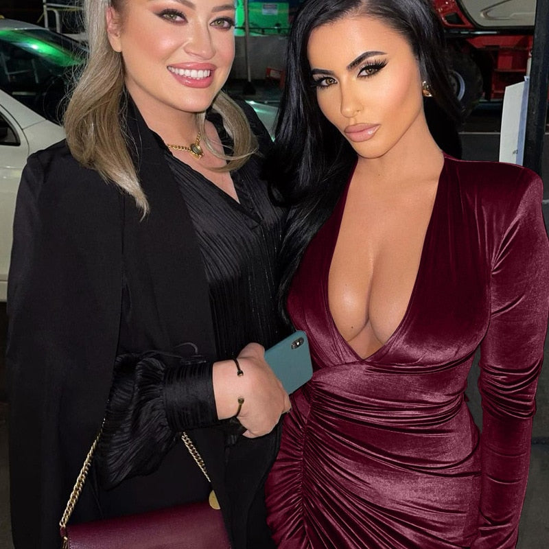 Velvet V Neck Long Sleeve Mini Dresses