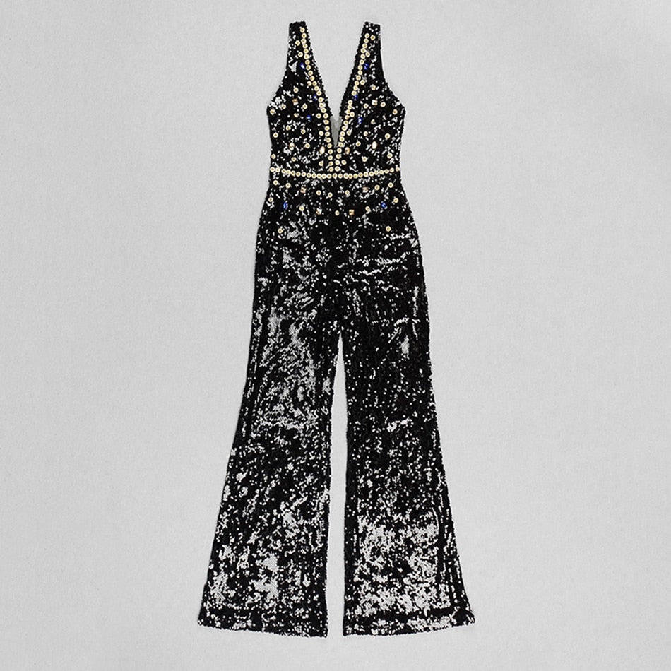 Deep V-Neck Rhinestone Sequin Wide-Leg Jumpsuit