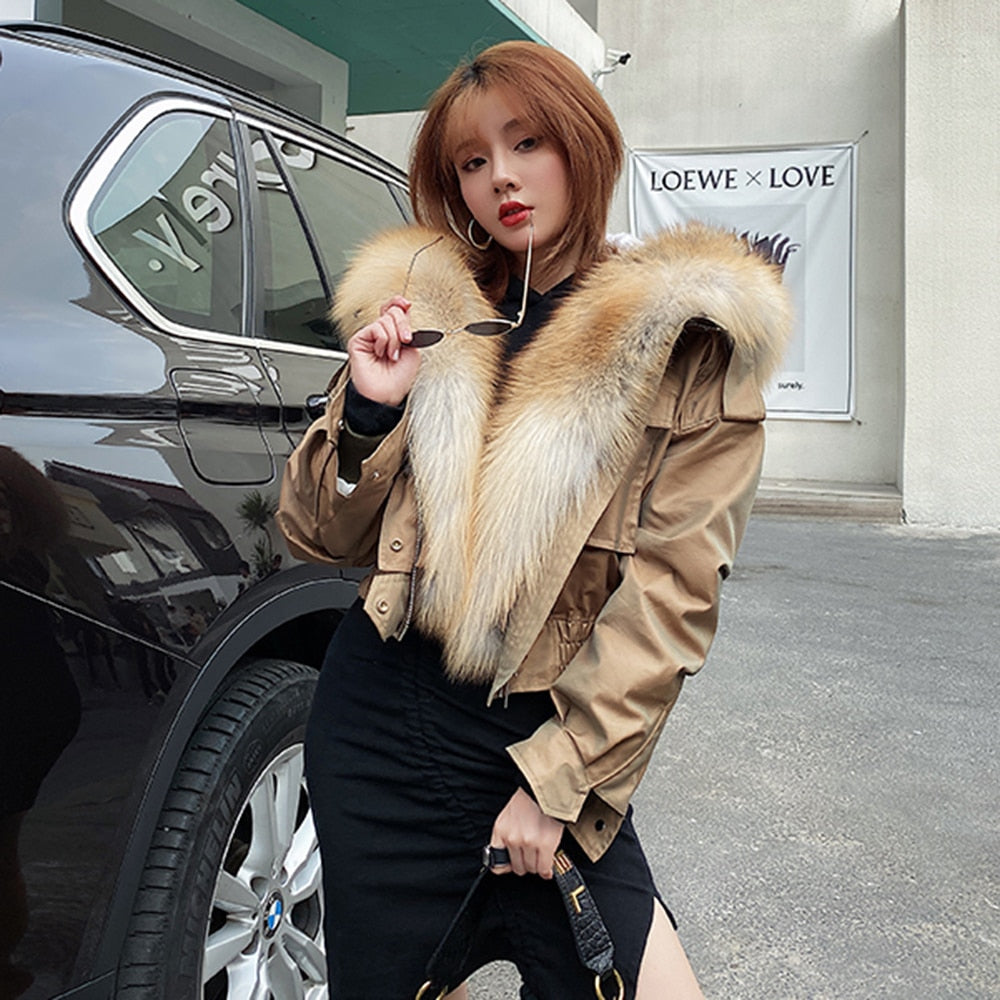 Real Fox Fur Collar Crop Bomber Jackets