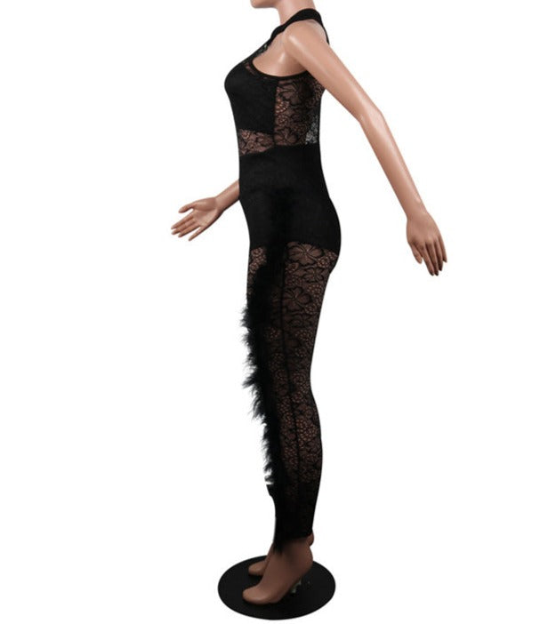 Mesh Sleeveless Side Ruffle Jumpsuits