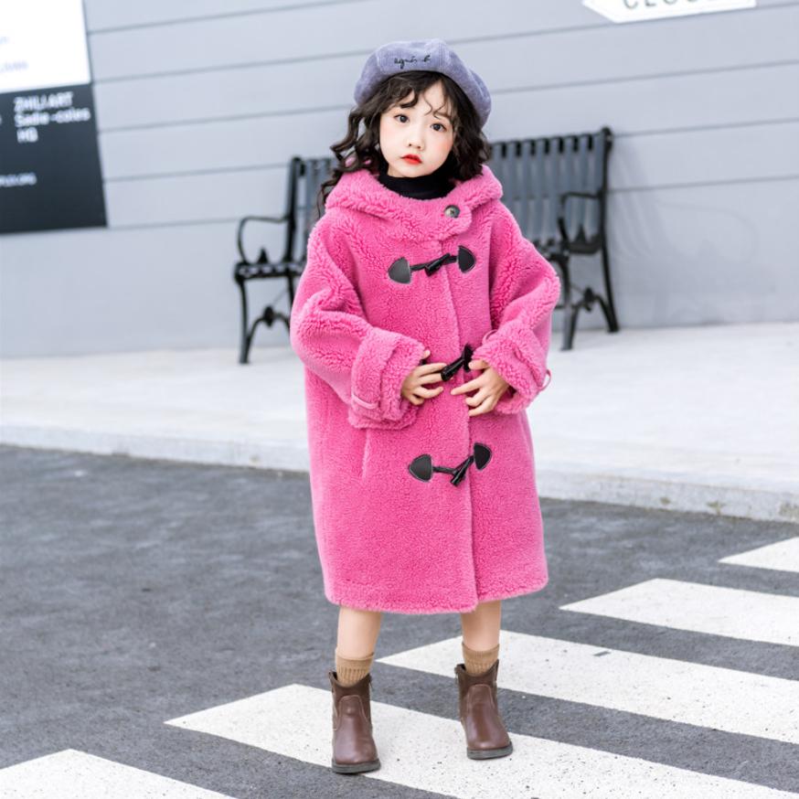 Real Shearling Wool Fur Coat Hooded Soft Suede Leather Liner Children