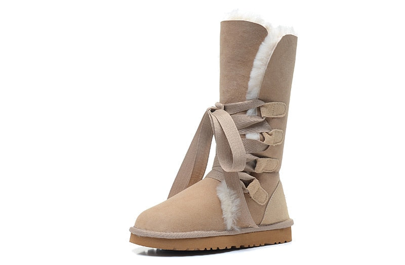 Genuine Leather Real Shearling Fur Long Lace High Boots