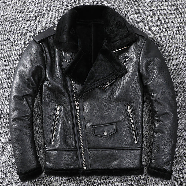 Genuine Leather Moto Jacket Real Wool Lining
