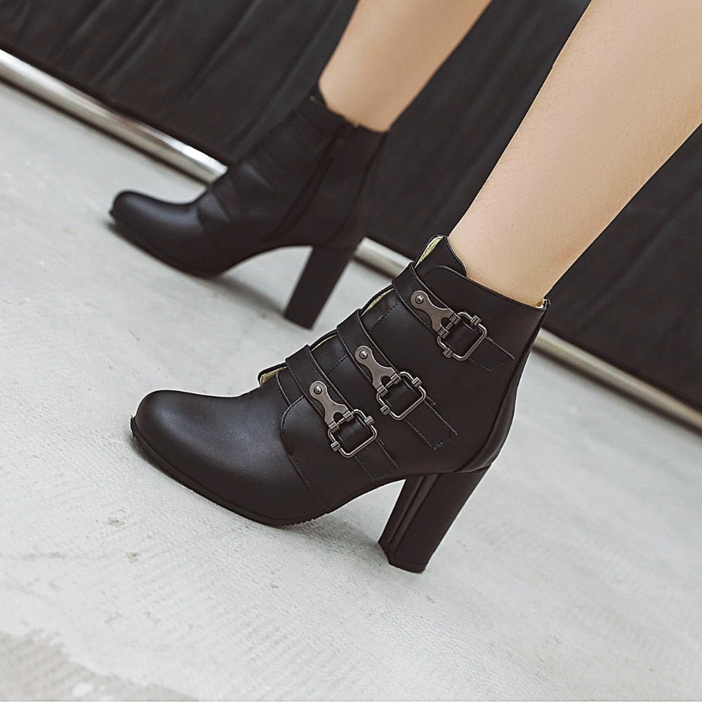 Round Toe High Heel Ankle Boots