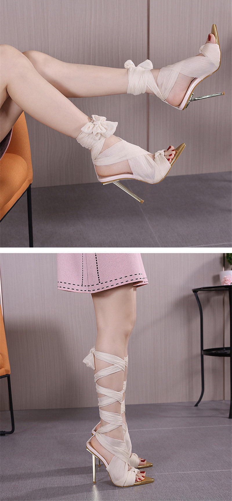 Fabric Tie Peep Toe High Heels