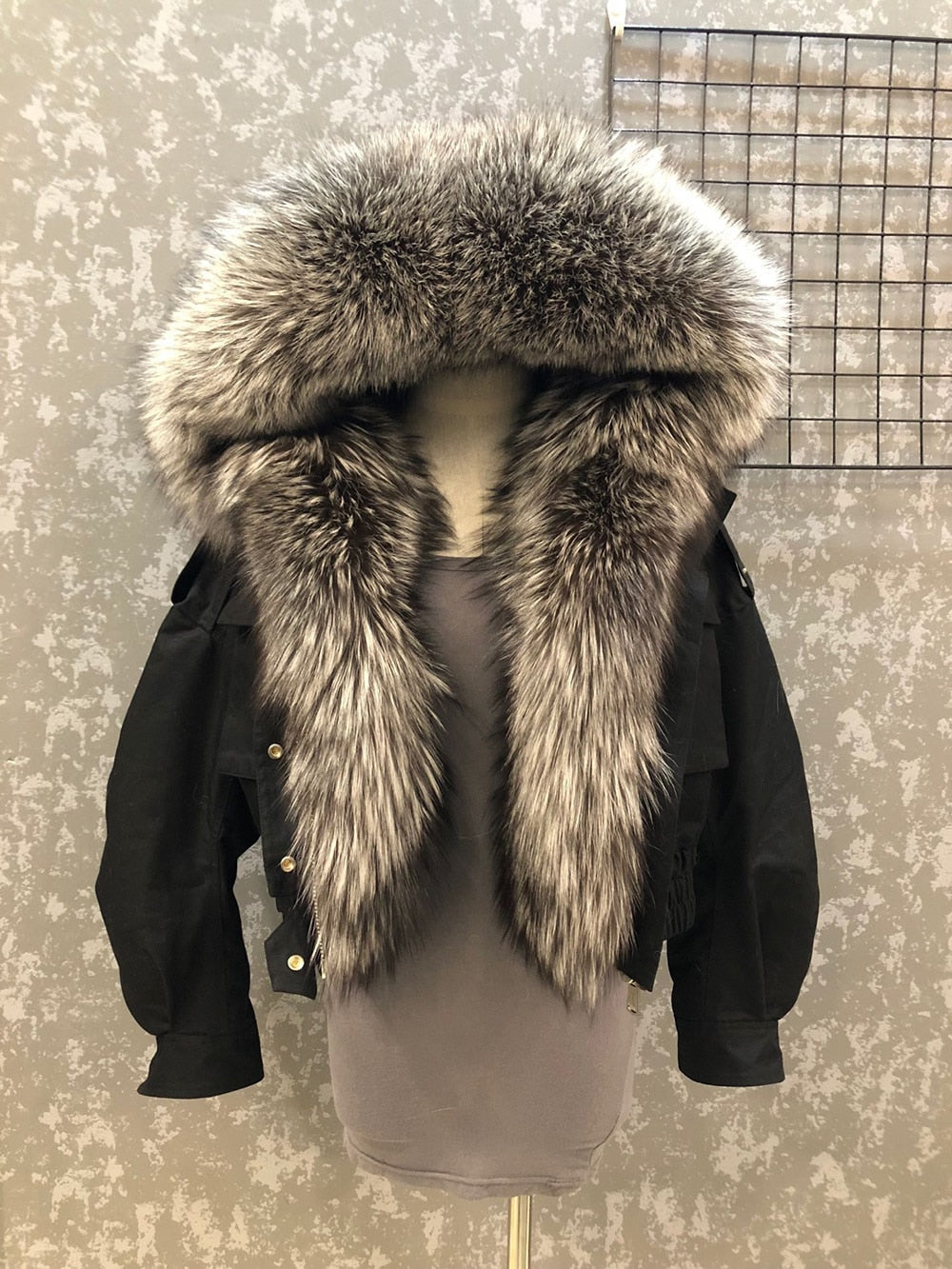 Real Fox Fur Collar Crop Bomber Jackets