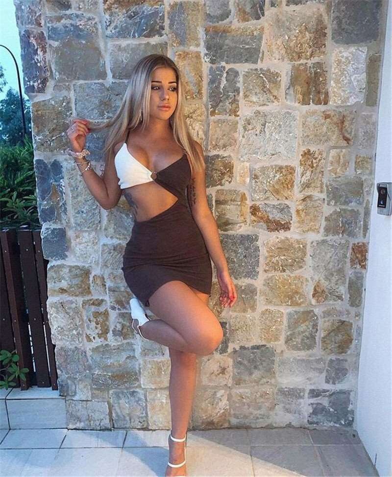 Two Tone Hollow Belly Bodycon Mini Dresses