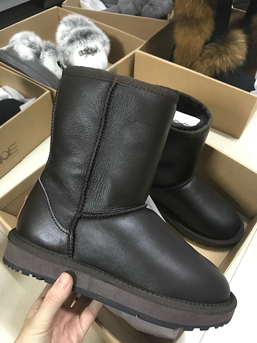 Real Leather Wool Fur Lined Snow Boots Waterproof