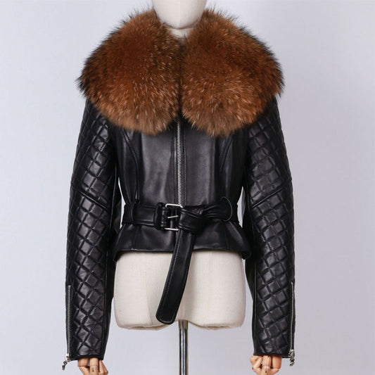 Genuine Leather Jacket Huge Fur Collar