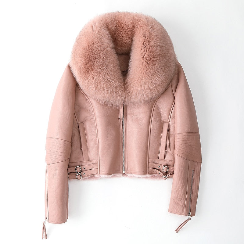 Genuine Leather Jackets Real Fur Collar MOTO Jackets
